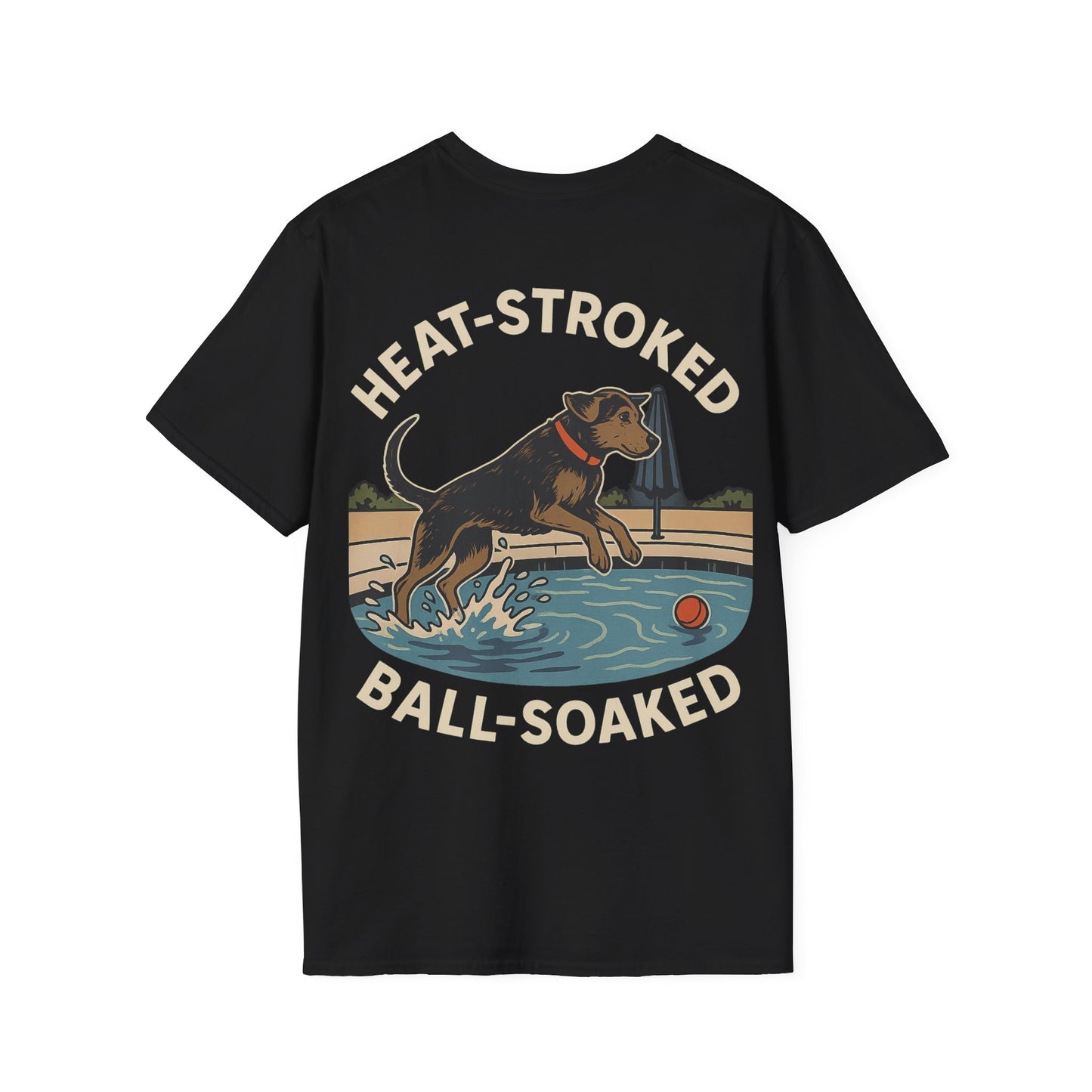 Heat-Stroked Ball-Soaked Dog T-Shirt – Funny Rescue Pool Dog Summer Shirt with Front & Back Print, Adult Unisex T-Shirt