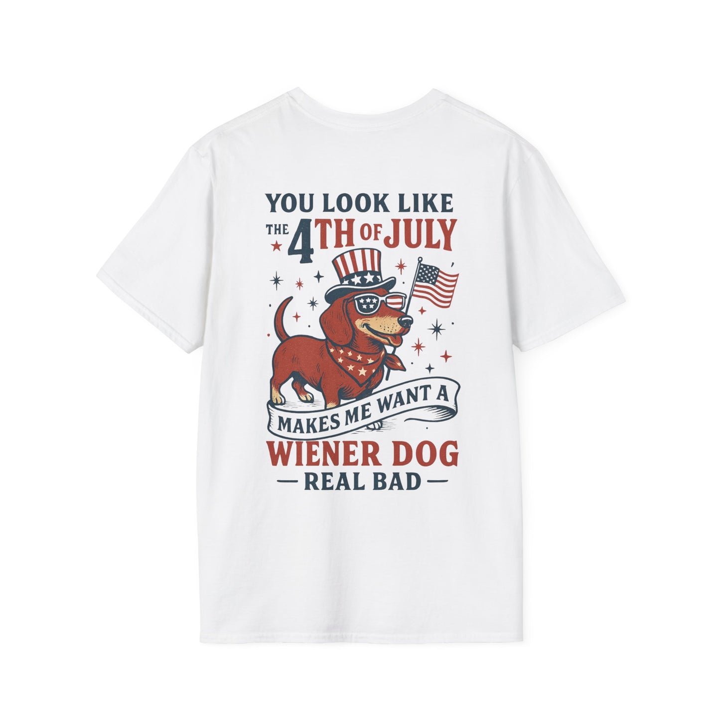 You Look Like the 4th of July Funny Wiener Dog T-Shirt – Patriotic Dachshund Shirt for Dog Lovers | Adopted and Adored Logo Front | July 4th Humor Tee, Adult Unisex T-Shirt