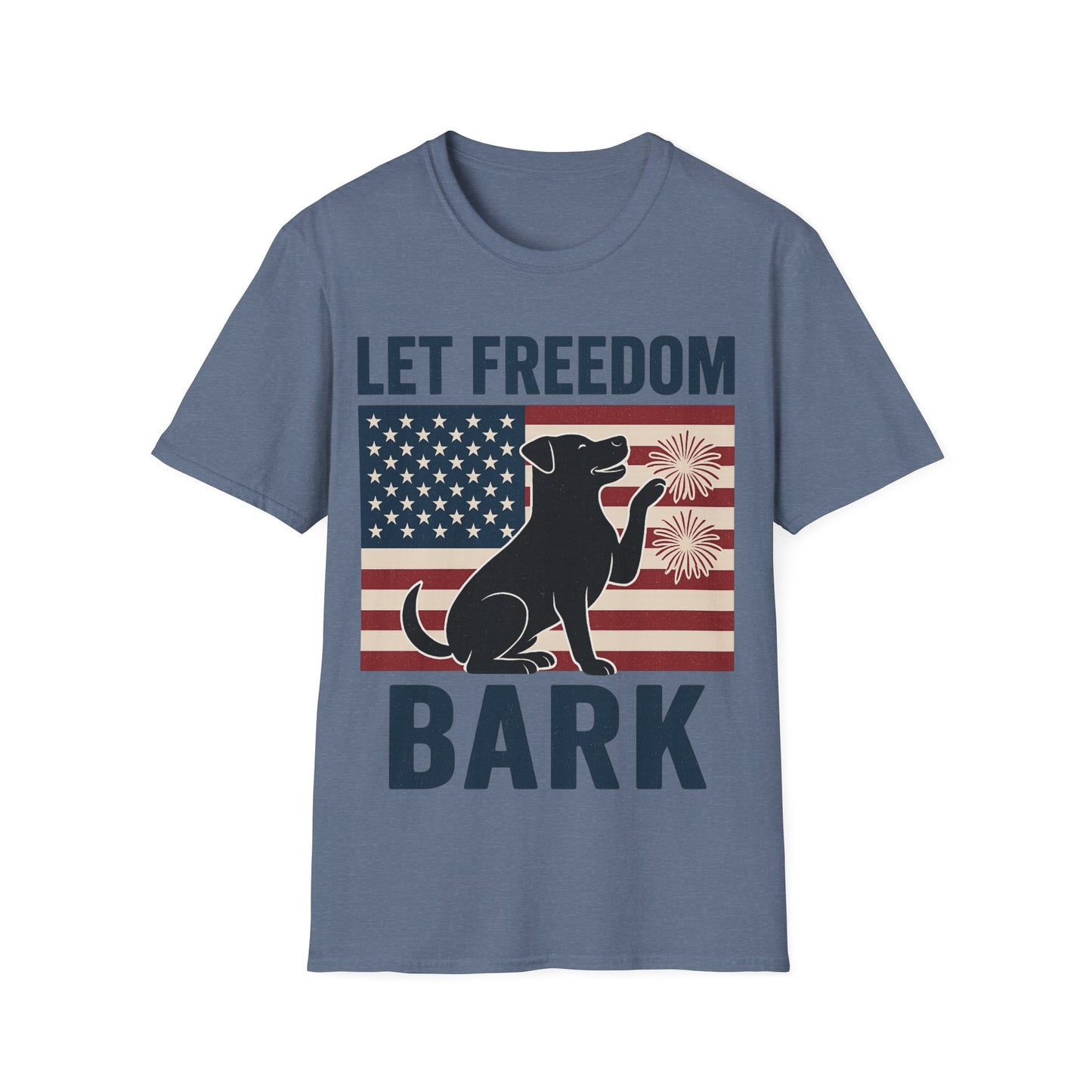 Let Freedom Bark Patriotic Dog T-Shirt | Fourth of July Rescue Tee | USA Flag Fireworks Dog Lover T-Shirt | Animal Adoption Apparel | Independence Day Dog Shirt | Gildan 64000 Unisex Soft Cotton T-Shirt for Pet Parents, Adult Unisex T-Shirt