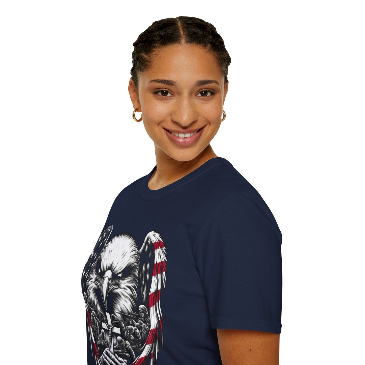 Faith and Freedom Eagle Cross T-Shirt – Front and Back USA Flag Pitty on back - American Flag Wings, Soldier Prayer Graphic, Patriotic Christian Memorial Shirt adult unisex