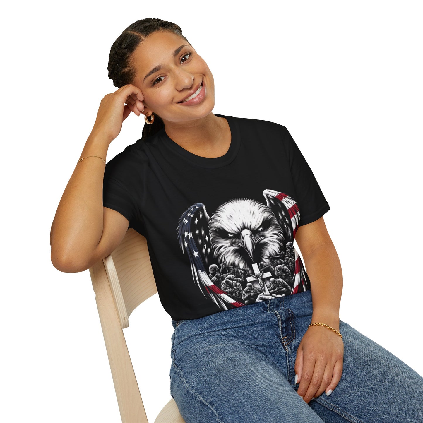 Faith and Freedom Eagle T-Shirt – 4th of July Patriotic Christian Tee – American Flag Wings, Battle Cross, Soldiers in Prayer – Adopted and Adored Apparel, Adult Unisex T-Shirt