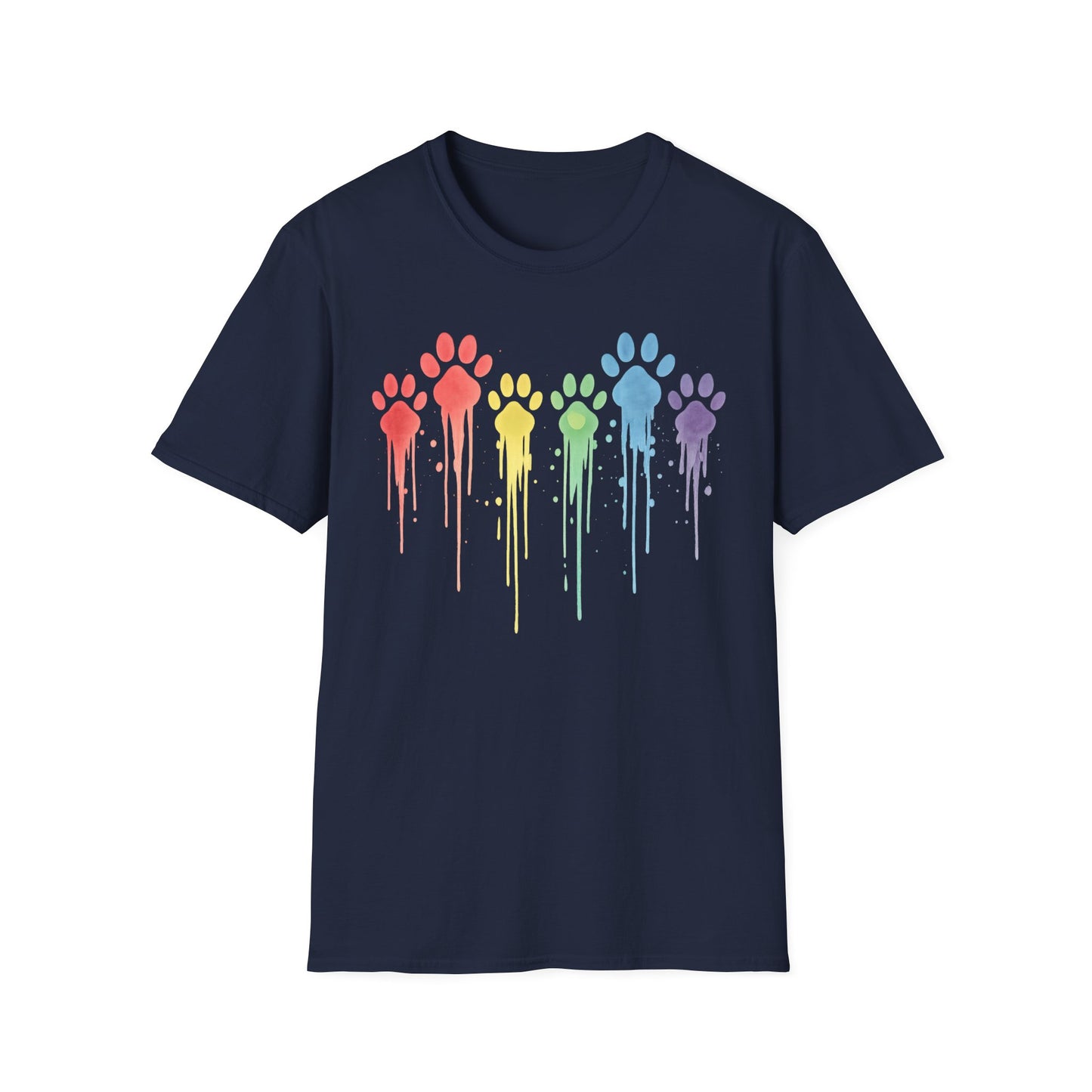 Rainbow Paw Print Drip Shirt | Colorful Rescue Dog Pride Tee | Animal Lover Watercolor Pet Shirt | Unisex Gildan 64000 T-Shirt | Adopt Don't Shop, Adult Unisex T-Shirt
