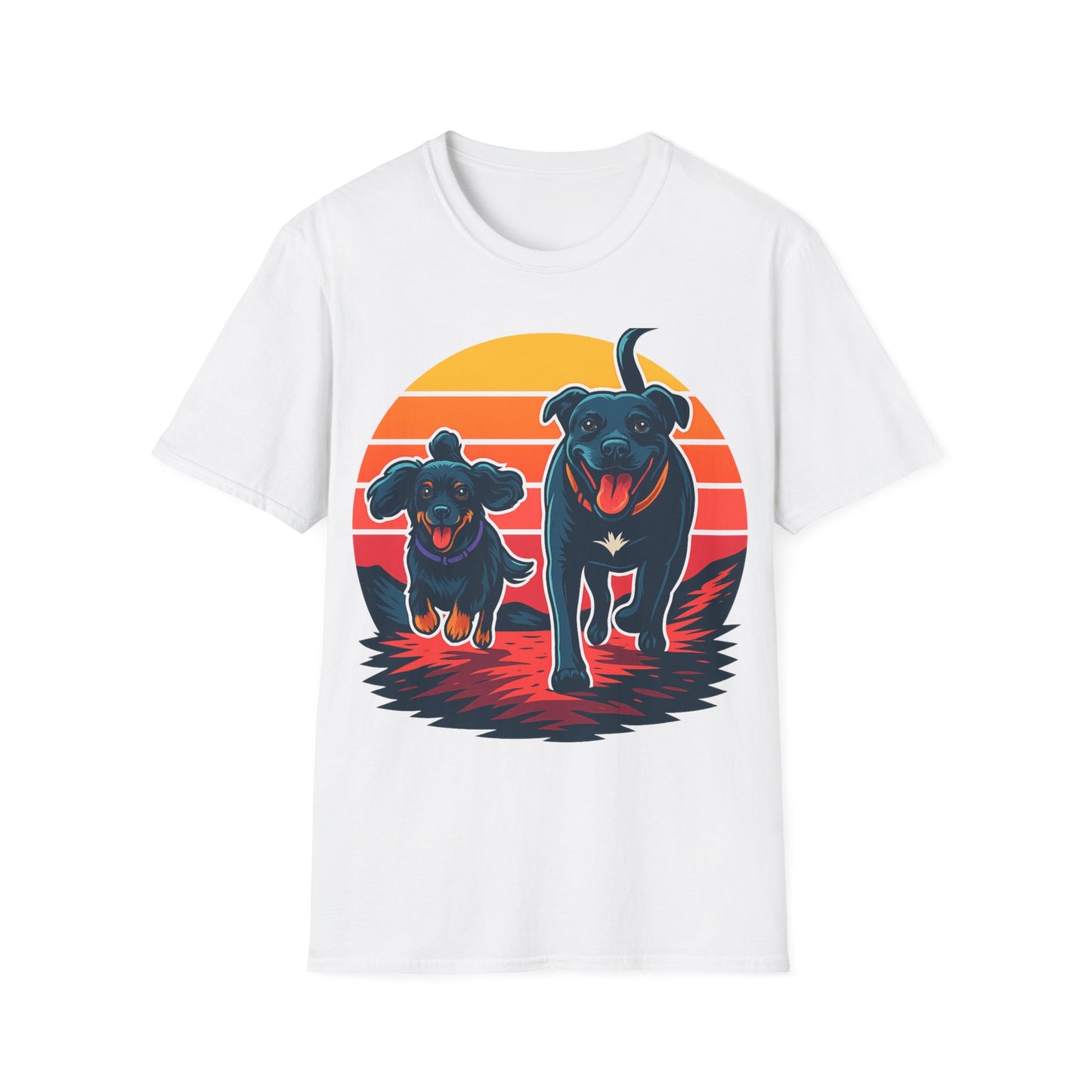 Retro Sunset Dog Shirt | Running Rescue Dog Graphic Tee for Animal Lovers, Teens & Friends | Vibrant Pet Memorial Gift, Adult Unisex T-Shirt