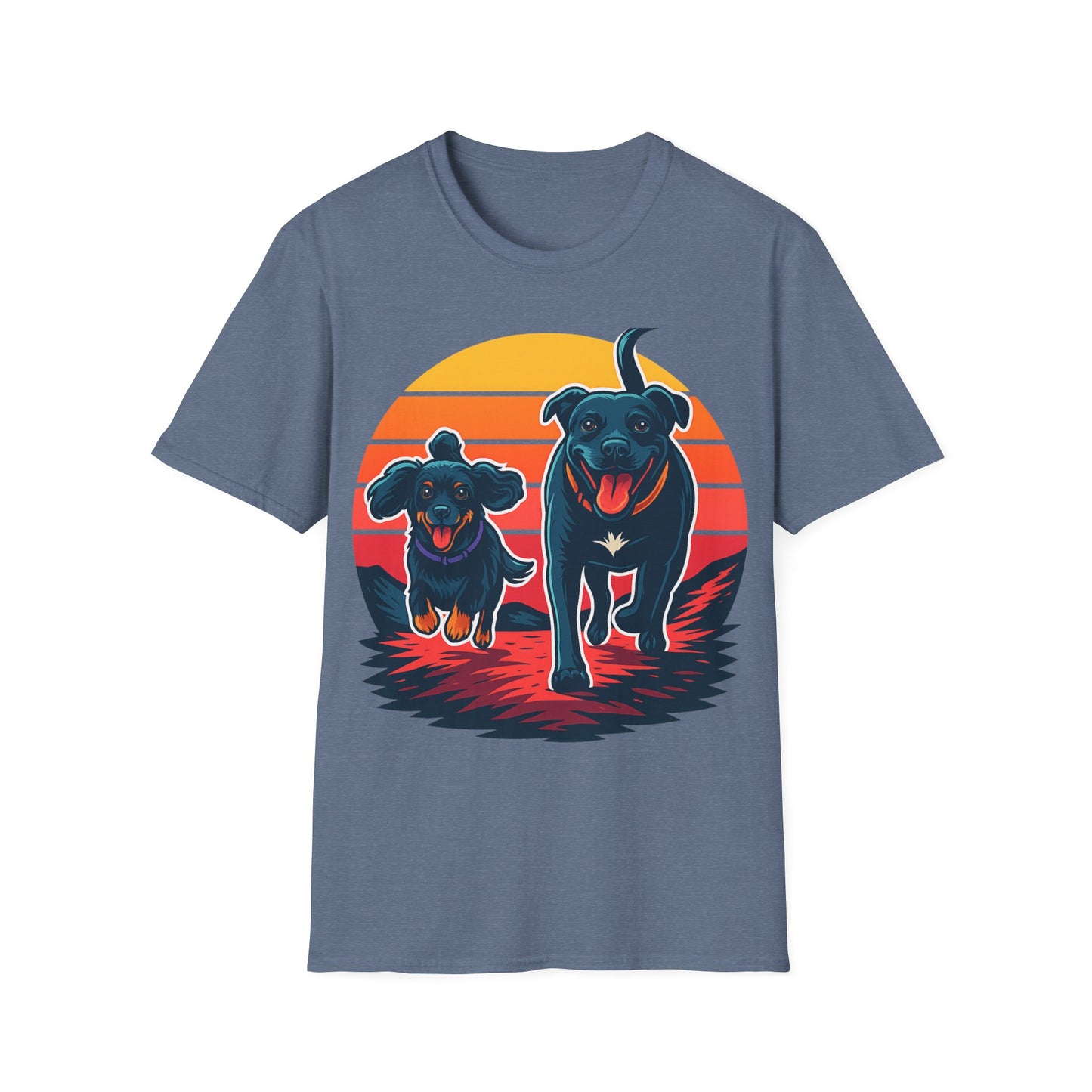 Retro Sunset Dog Shirt | Running Rescue Dog Graphic Tee for Animal Lovers, Teens & Friends | Vibrant Pet Memorial Gift, Adult Unisex T-Shirt