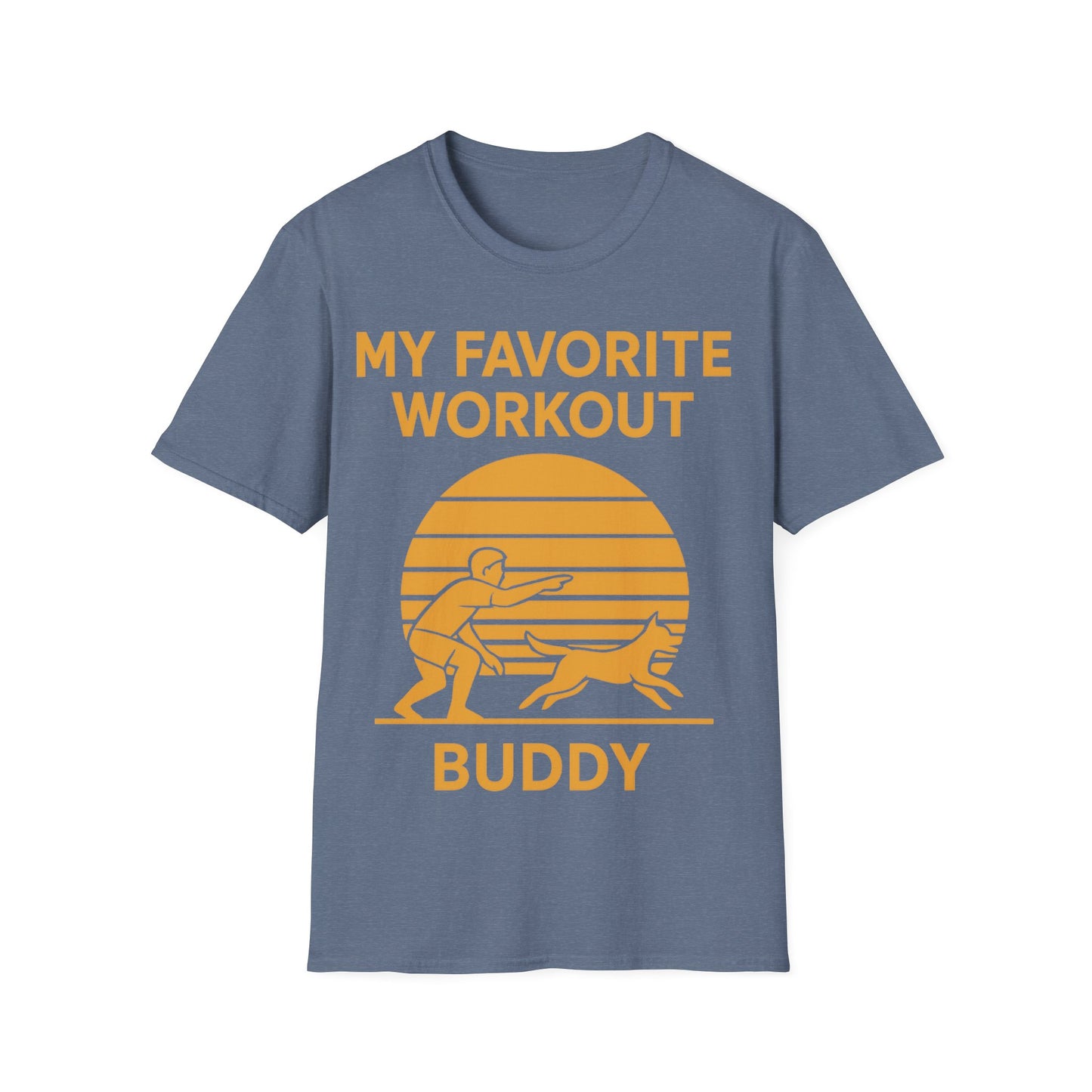 My Favorite Workout Buddy T-Shirt – Dog Lover Gift Tee – Sunset Gold Line Art Design – Playing Fetch Graphic – Motivational Dog Shirt – Gildan 64000 Unisex, Adult Unisex T-Shirt