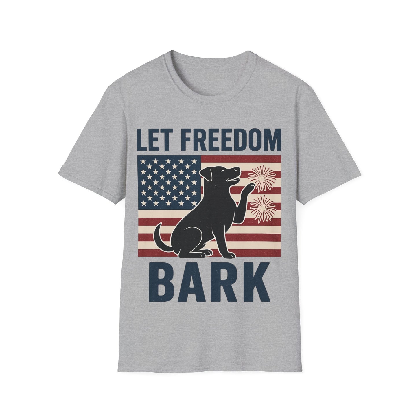 Let Freedom Bark Patriotic Dog T-Shirt | Fourth of July Rescue Tee | USA Flag Fireworks Dog Lover T-Shirt | Animal Adoption Apparel | Independence Day Dog Shirt | Gildan 64000 Unisex Soft Cotton T-Shirt for Pet Parents, Adult Unisex T-Shirt