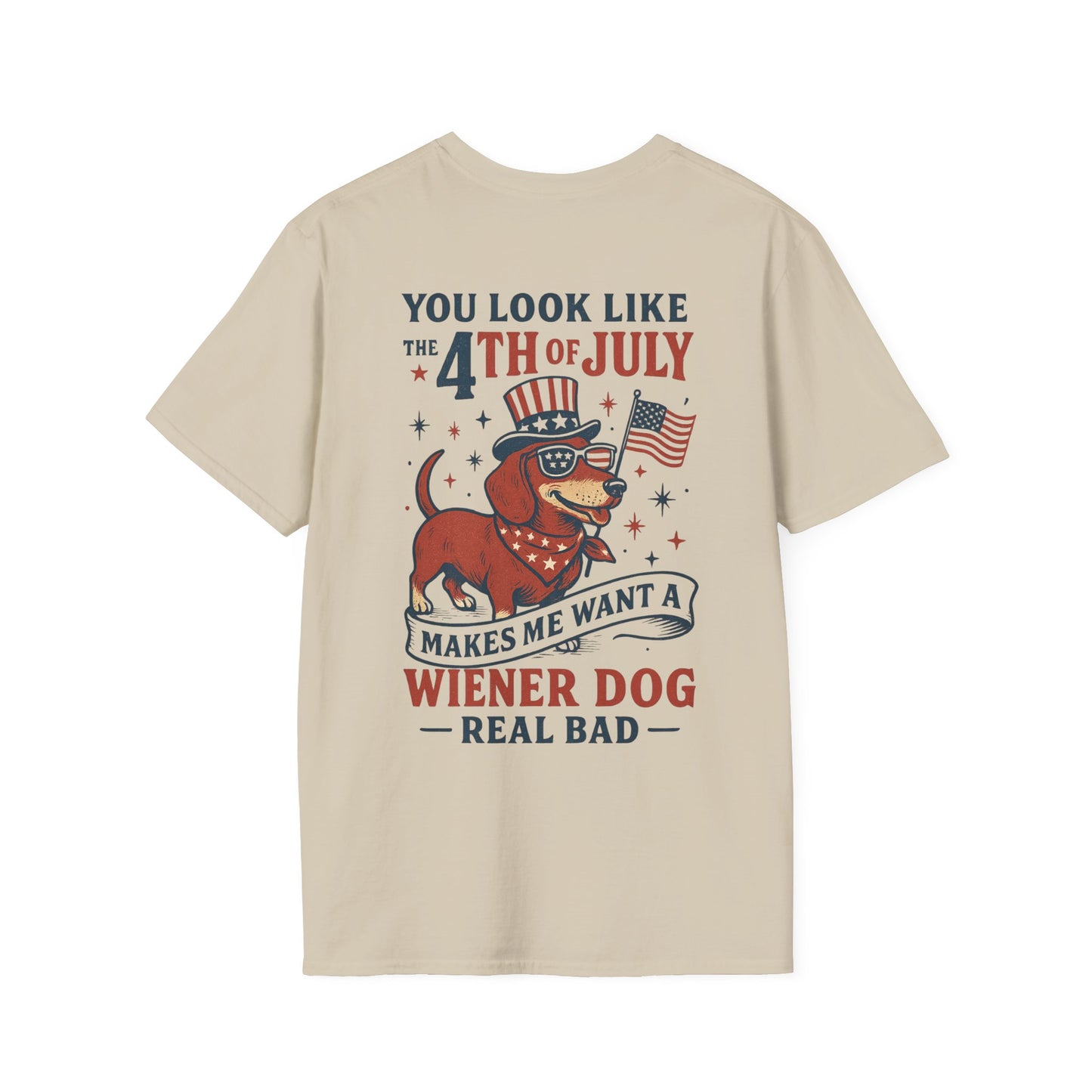 You Look Like the 4th of July Funny Wiener Dog T-Shirt – Patriotic Dachshund Shirt for Dog Lovers | Adopted and Adored Logo Front | July 4th Humor Tee, Adult Unisex T-Shirt