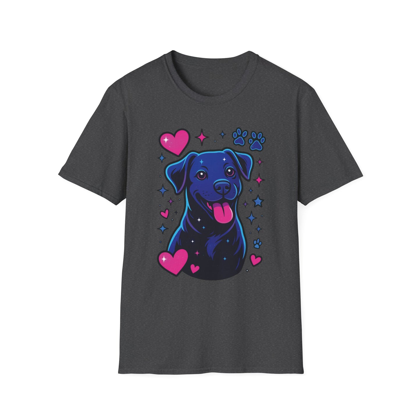 Neon Dog Graphic T-Shirt | Y2K Two-Sided Rescue Shirt with Front Dog Art + Back Logo | Adopted and Adored Apparel | Animal Adoption Awareness, Adult Unisex T-Shirt