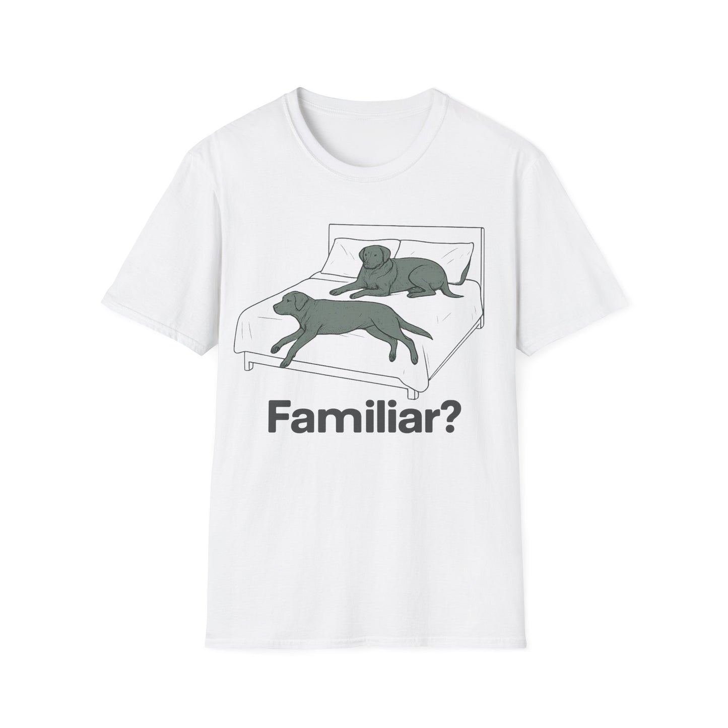 Familiar? Rescue Dog Bed Takeover T-Shirt | Funny Pitbull Dog Lover Gift | Adopted & Adored Apparel, Adult Unisex T-Shirt