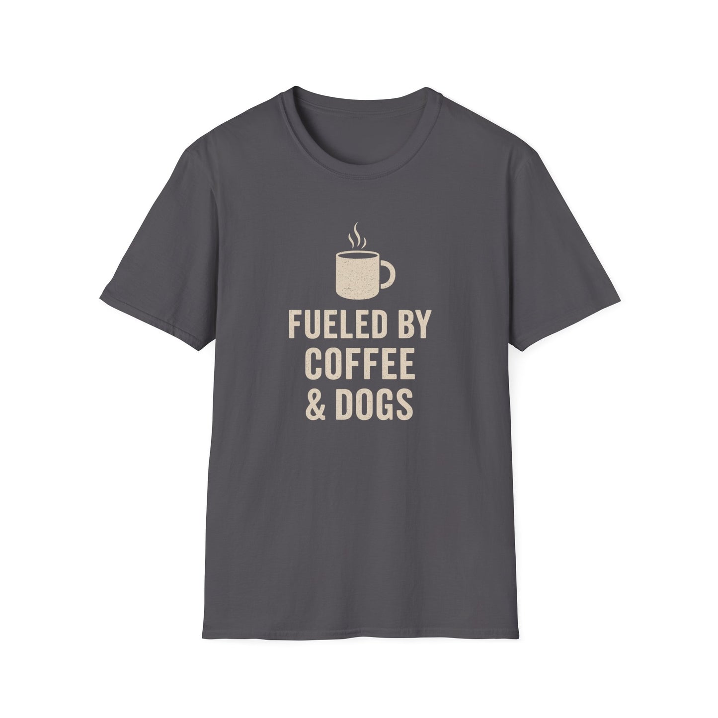 Fueled by Coffee and Dogs T-Shirt – Distressed Cream Graphic Tee for Dog Lovers, Charcoal Heather Unisex Fit adult