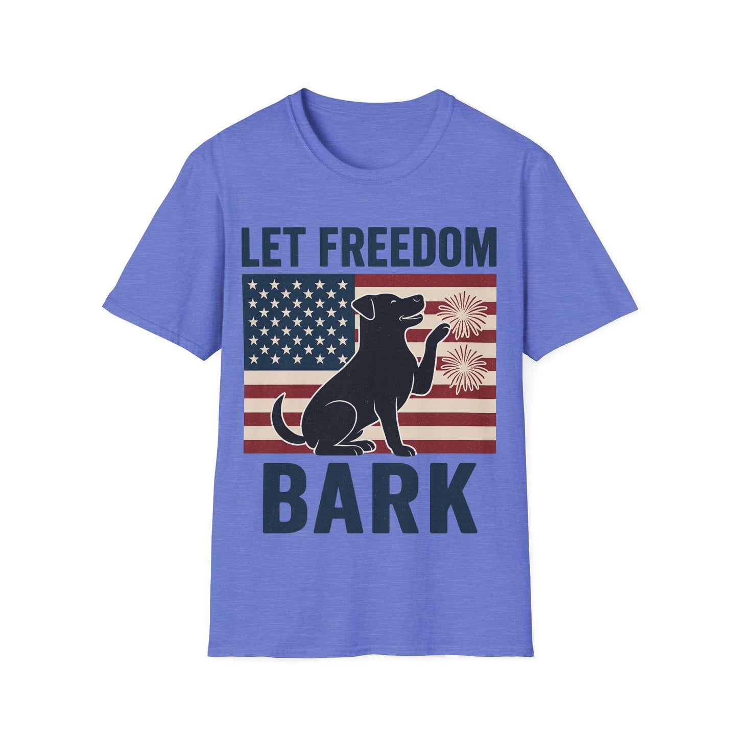 Let Freedom Bark Patriotic Dog T-Shirt | Fourth of July Rescue Tee | USA Flag Fireworks Dog Lover T-Shirt | Animal Adoption Apparel | Independence Day Dog Shirt | Gildan 64000 Unisex Soft Cotton T-Shirt for Pet Parents, Adult Unisex T-Shirt