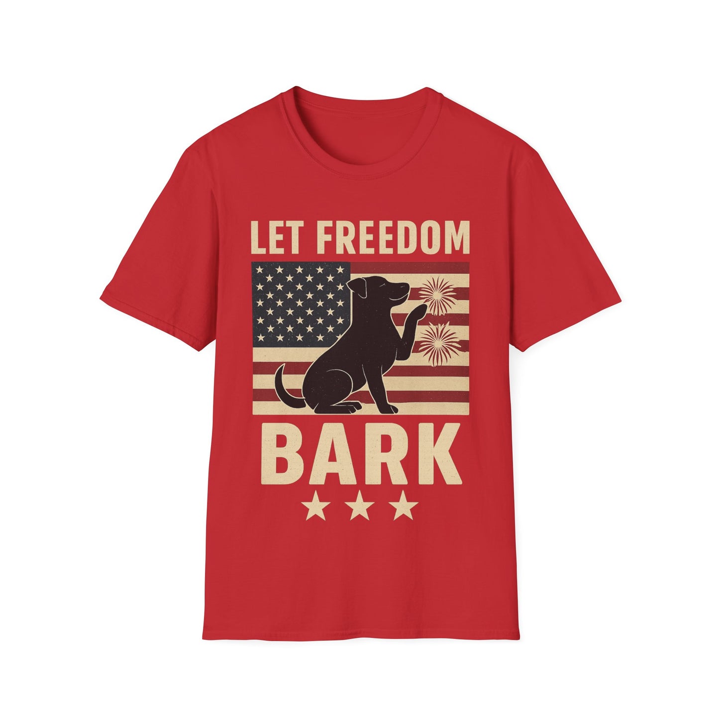 Let Freedom Bark Patriotic Dog T-Shirt | Fourth of July Rescue Tee | USA Flag Fireworks Dog Lover T-Shirt | Animal Adoption Apparel | Independence Day Dog Shirt | Gildan 64000 Unisex Soft Cotton T-Shirt for Pet Parents, Adult Unisex T-Shirt