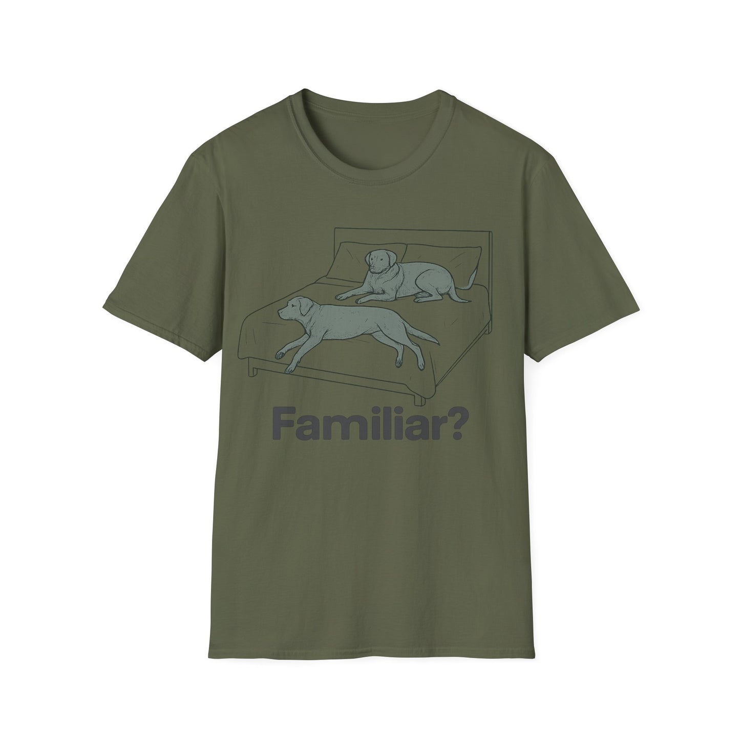 Familiar? Rescue Dog Bed Takeover T-Shirt | Funny Pitbull Dog Lover Gift | Adopted & Adored Apparel, Adult Unisex T-Shirt