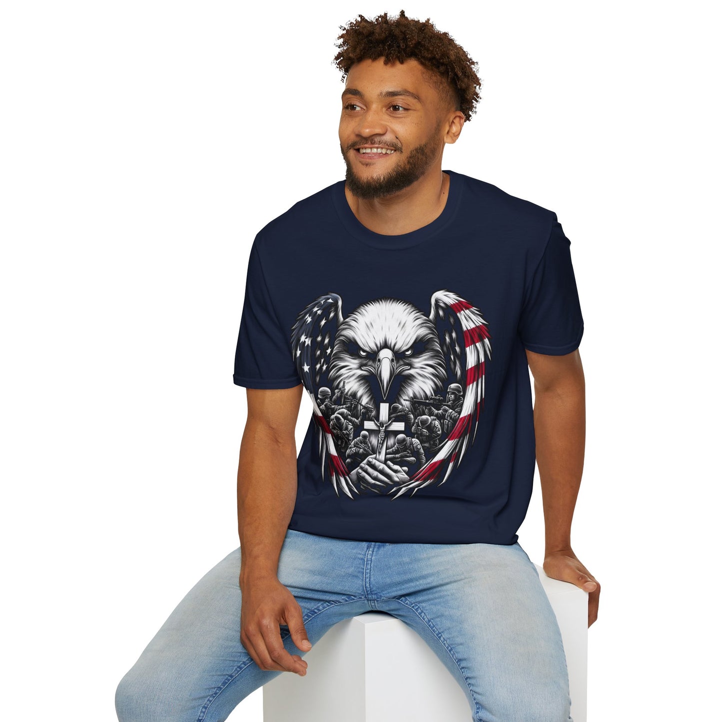 Faith and Freedom Eagle Cross T-Shirt – Front and Back USA Flag Pitty on back - American Flag Wings, Soldier Prayer Graphic, Patriotic Christian Memorial Shirt adult unisex