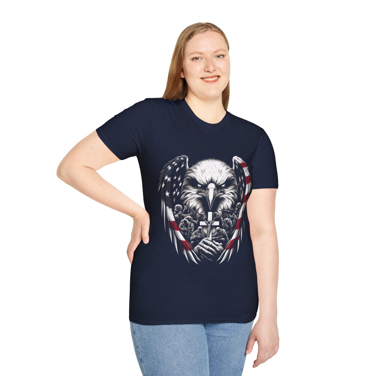 Faith and Freedom Eagle T-Shirt – 4th of July Patriotic Christian Tee – American Flag Wings, Battle Cross, Soldiers in Prayer – Adopted and Adored Apparel, Adult Unisex T-Shirt