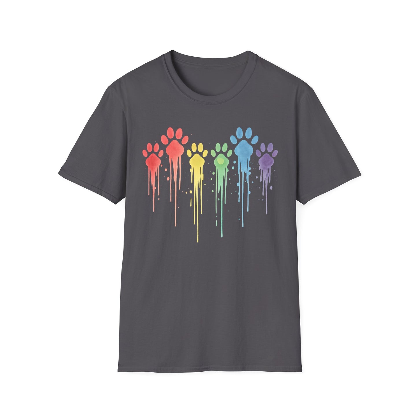 Rainbow Paw Print Drip Shirt | Colorful Rescue Dog Pride Tee | Animal Lover Watercolor Pet Shirt | Unisex Gildan 64000 T-Shirt | Adopt Don't Shop, Adult Unisex T-Shirt