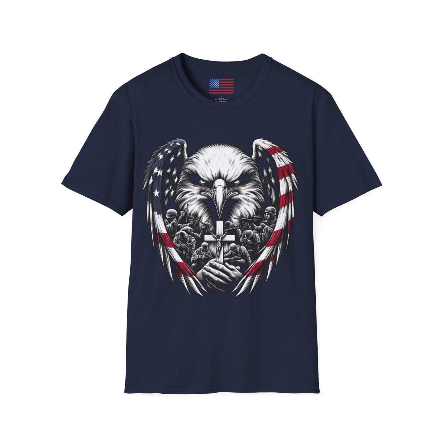 Faith and Freedom Eagle Cross T-Shirt – Front and Back USA Flag Pitty on back - American Flag Wings, Soldier Prayer Graphic, Patriotic Christian Memorial Shirt adult unisex