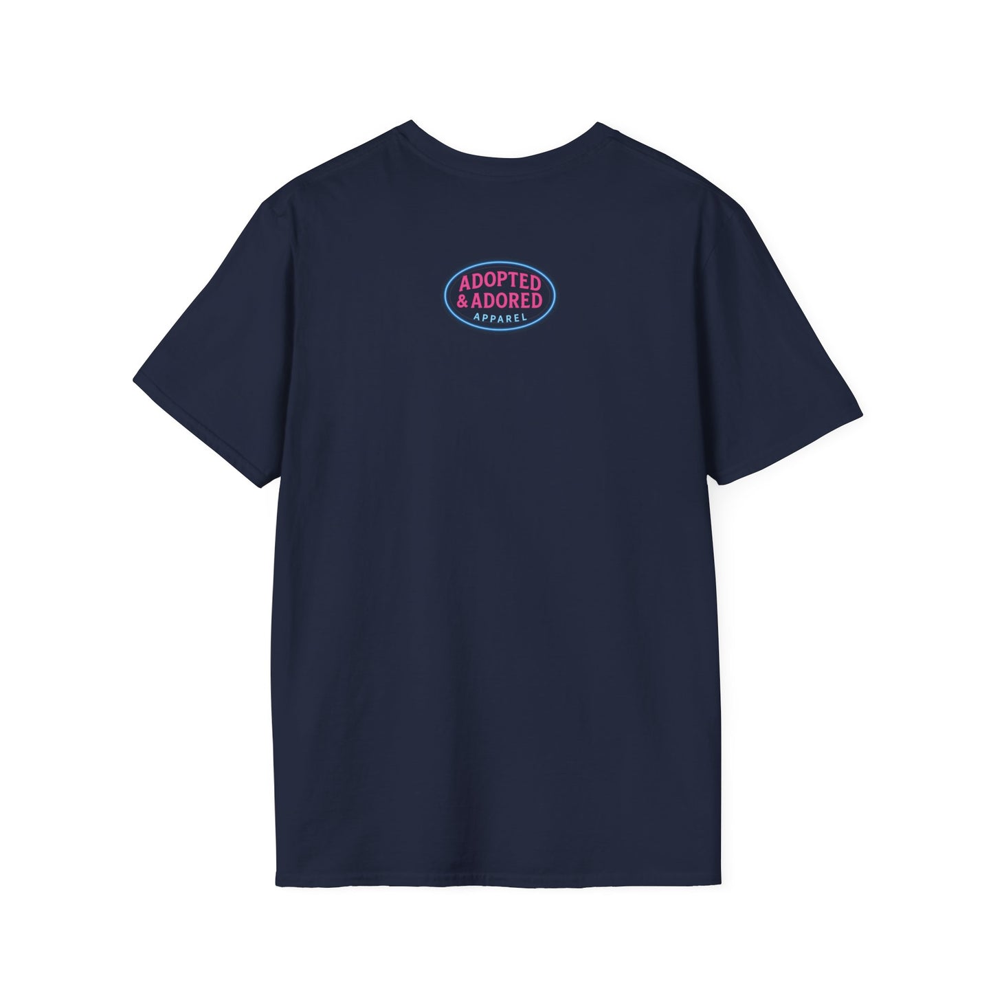 Neon Dog Graphic T-Shirt | Y2K Two-Sided Rescue Shirt with Front Dog Art + Back Logo | Adopted and Adored Apparel | Animal Adoption Awareness, Adult Unisex T-Shirt
