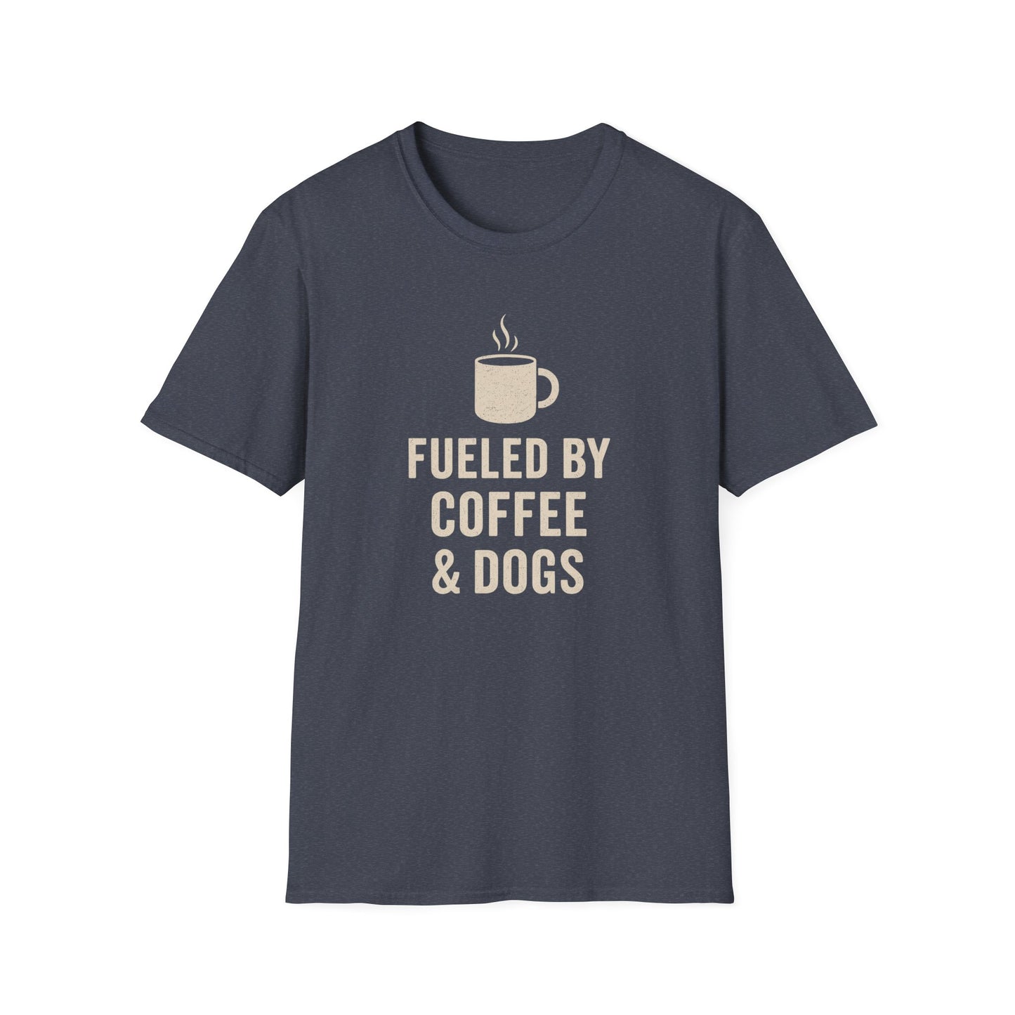 Fueled by Coffee and Dogs T-Shirt – Distressed Cream Graphic Tee for Dog Lovers, Charcoal Heather Unisex Fit adult