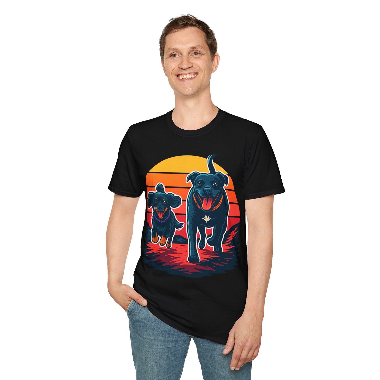 Retro Sunset Dog Shirt | Running Rescue Dog Graphic Tee for Animal Lovers, Teens & Friends | Vibrant Pet Memorial Gift, Adult Unisex T-Shirt
