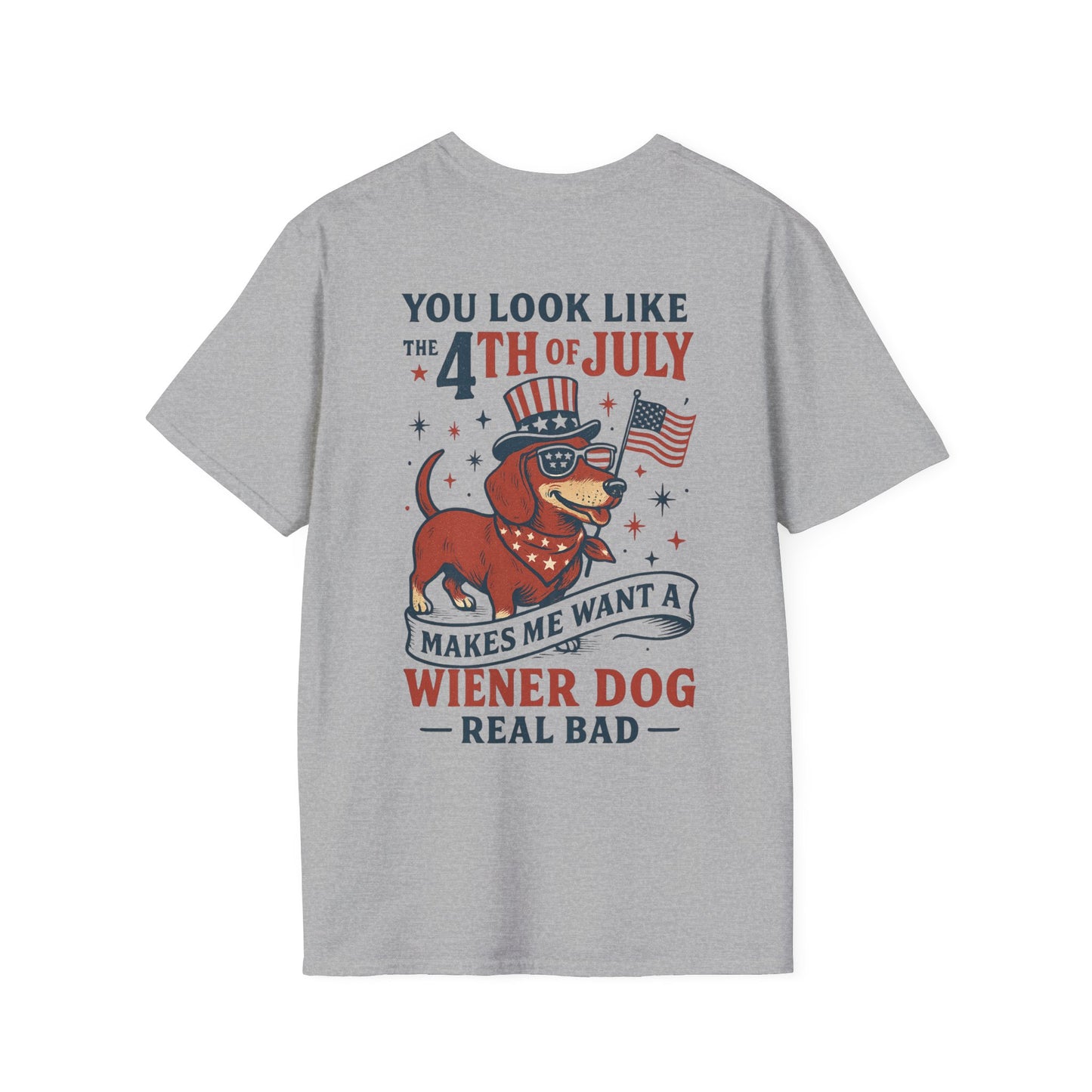 You Look Like the 4th of July Funny Wiener Dog T-Shirt – Patriotic Dachshund Shirt for Dog Lovers | Adopted and Adored Logo Front | July 4th Humor Tee, Adult Unisex T-Shirt