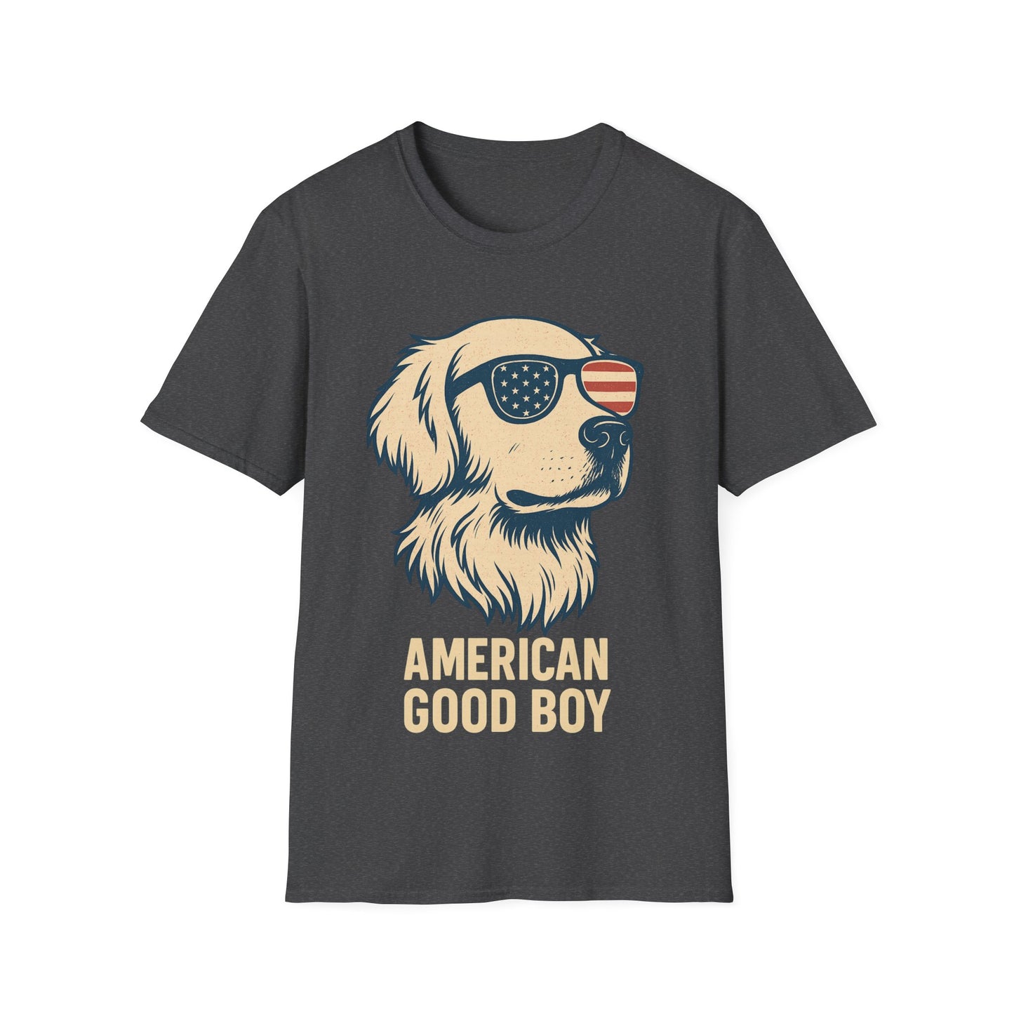 American Good Boy Golden Retriever T-Shirt – Patriotic Dog Wearing Flag Glasses – Funny 4th of July Graphic Tee for Men & Women, Adult Unisex T-Shirt