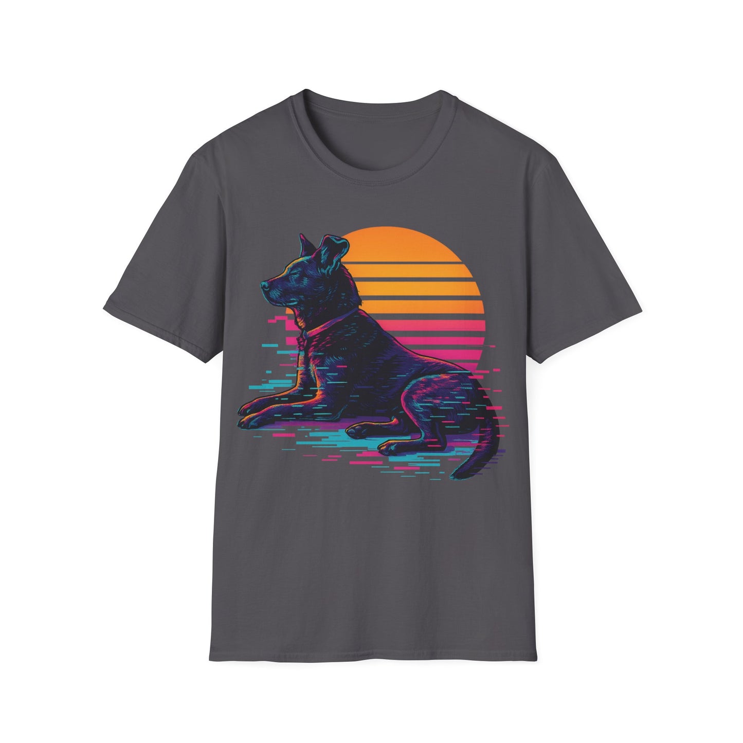 Glitch Art Rescue Dog Shirt | Retro Sunset Dog Graphic Tee for Teens & Animal Lovers | Bold Streetwear Style, Adult Unisex T-Shirt