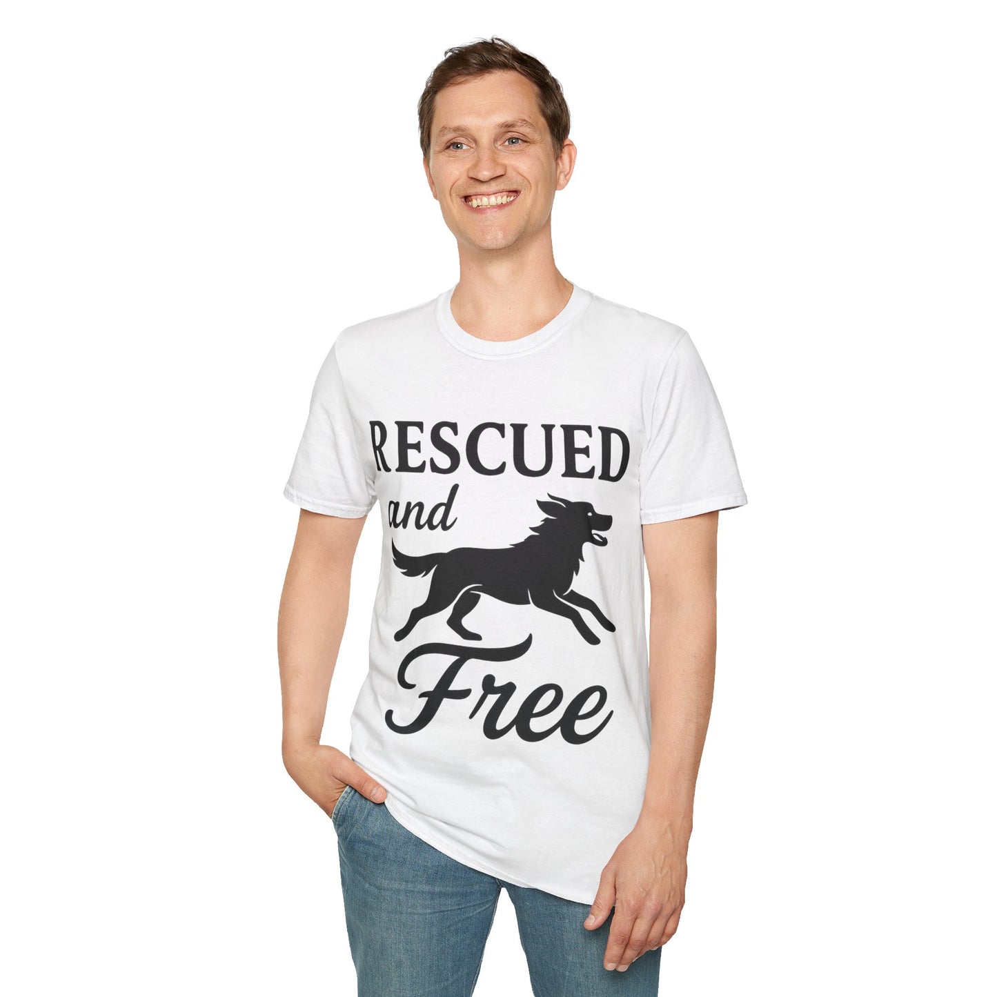 Rescued and Free Shirt – Dog Rescue Tee with Running Silhouette – Adopt Don’t Shop T-Shirt – Multiple Color Options – Adopted and Adored Apparel, Adult Unisex T-Shirt