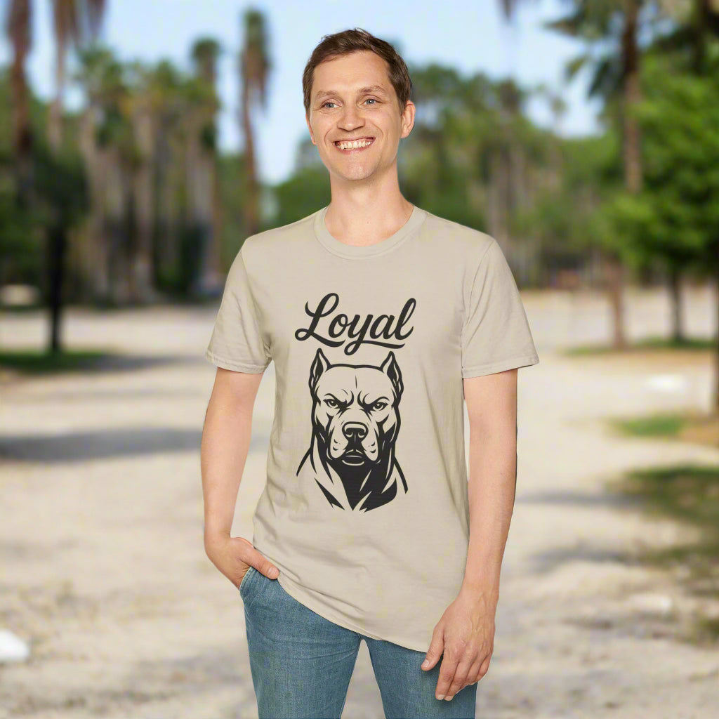 Sand t-shirt featuring a bold black pitbull head with the word “Loyal” in cursive above it