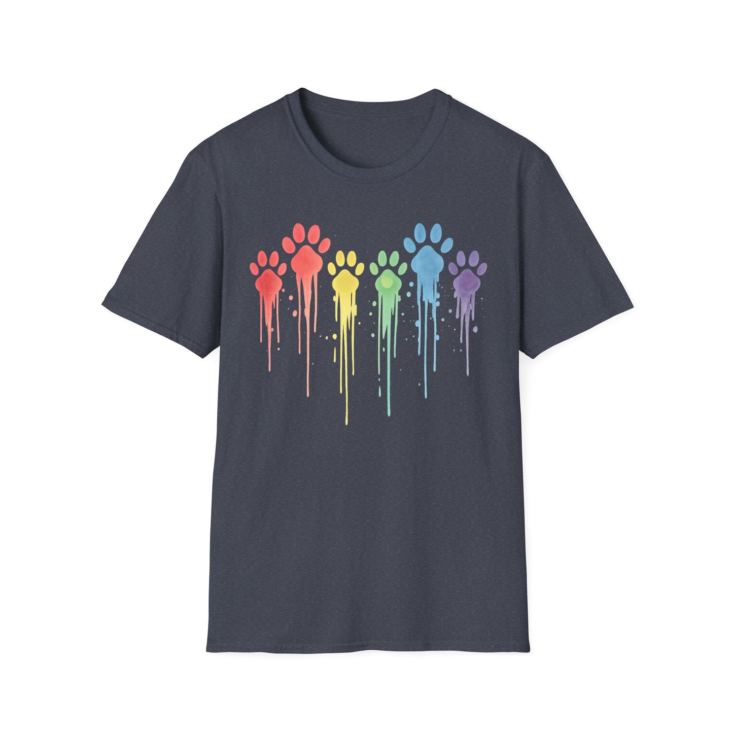 Rainbow Paw Print Drip Shirt | Colorful Rescue Dog Pride Tee | Animal Lover Watercolor Pet Shirt | Unisex Gildan 64000 T-Shirt | Adopt Don't Shop, Adult Unisex T-Shirt