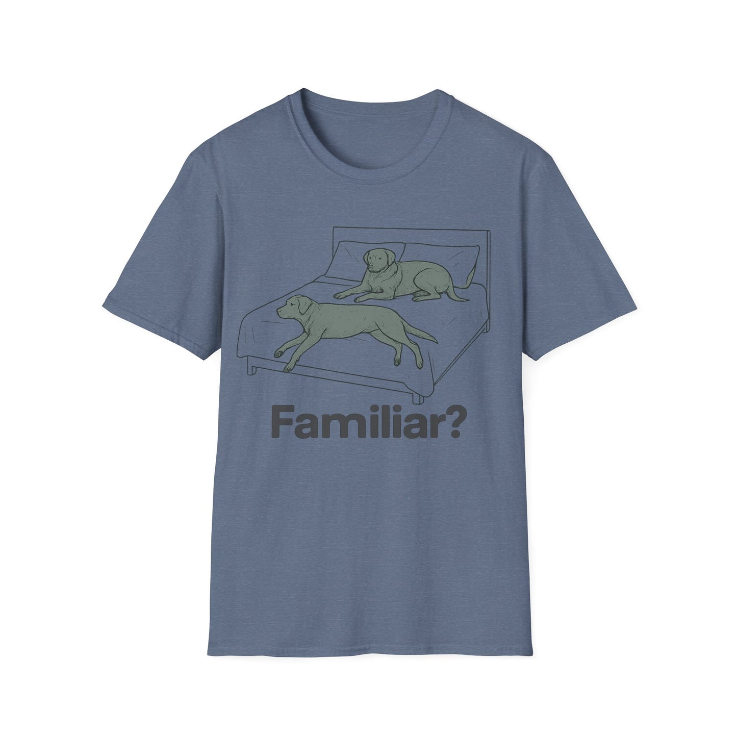 Familiar? Rescue Dog Bed Takeover T-Shirt | Funny Pitbull Dog Lover Gift | Adopted & Adored Apparel, Adult Unisex T-Shirt