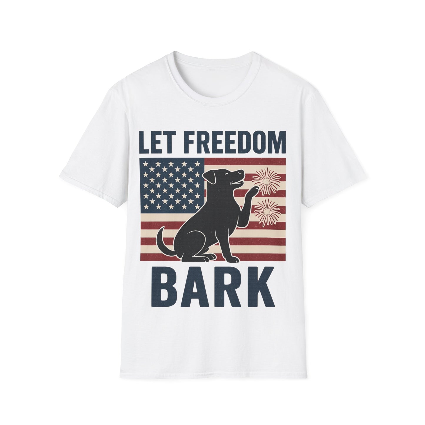 Let Freedom Bark Patriotic Dog T-Shirt | Fourth of July Rescue Tee | USA Flag Fireworks Dog Lover T-Shirt | Animal Adoption Apparel | Independence Day Dog Shirt | Gildan 64000 Unisex Soft Cotton T-Shirt for Pet Parents, Adult Unisex T-Shirt
