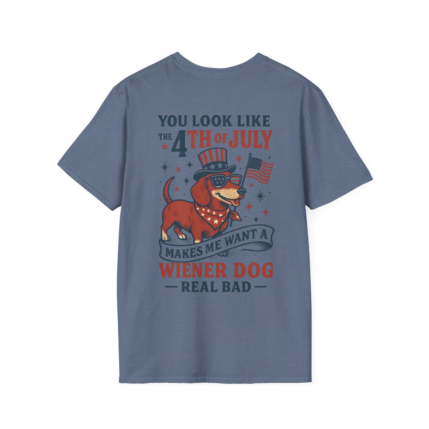 You Look Like the 4th of July Funny Wiener Dog T-Shirt – Patriotic Dachshund Shirt for Dog Lovers | Adopted and Adored Logo Front | July 4th Humor Tee, Adult Unisex T-Shirt