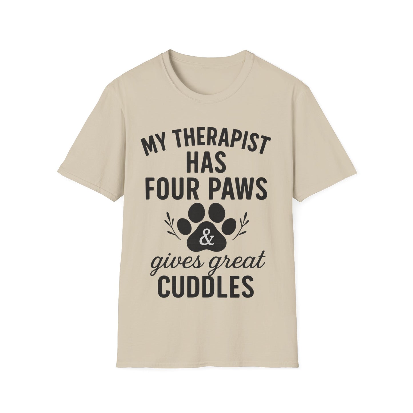My Therapist Has Four Paws and Gives Great Cuddles – Rescue Dog Shirt with Bold Black Lettering, Adult Unisex T-Shirt