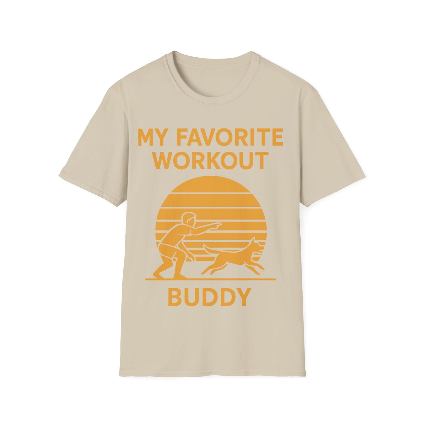 My Favorite Workout Buddy T-Shirt – Dog Lover Gift Tee – Sunset Gold Line Art Design – Playing Fetch Graphic – Motivational Dog Shirt – Gildan 64000 Unisex, Adult Unisex T-Shirt