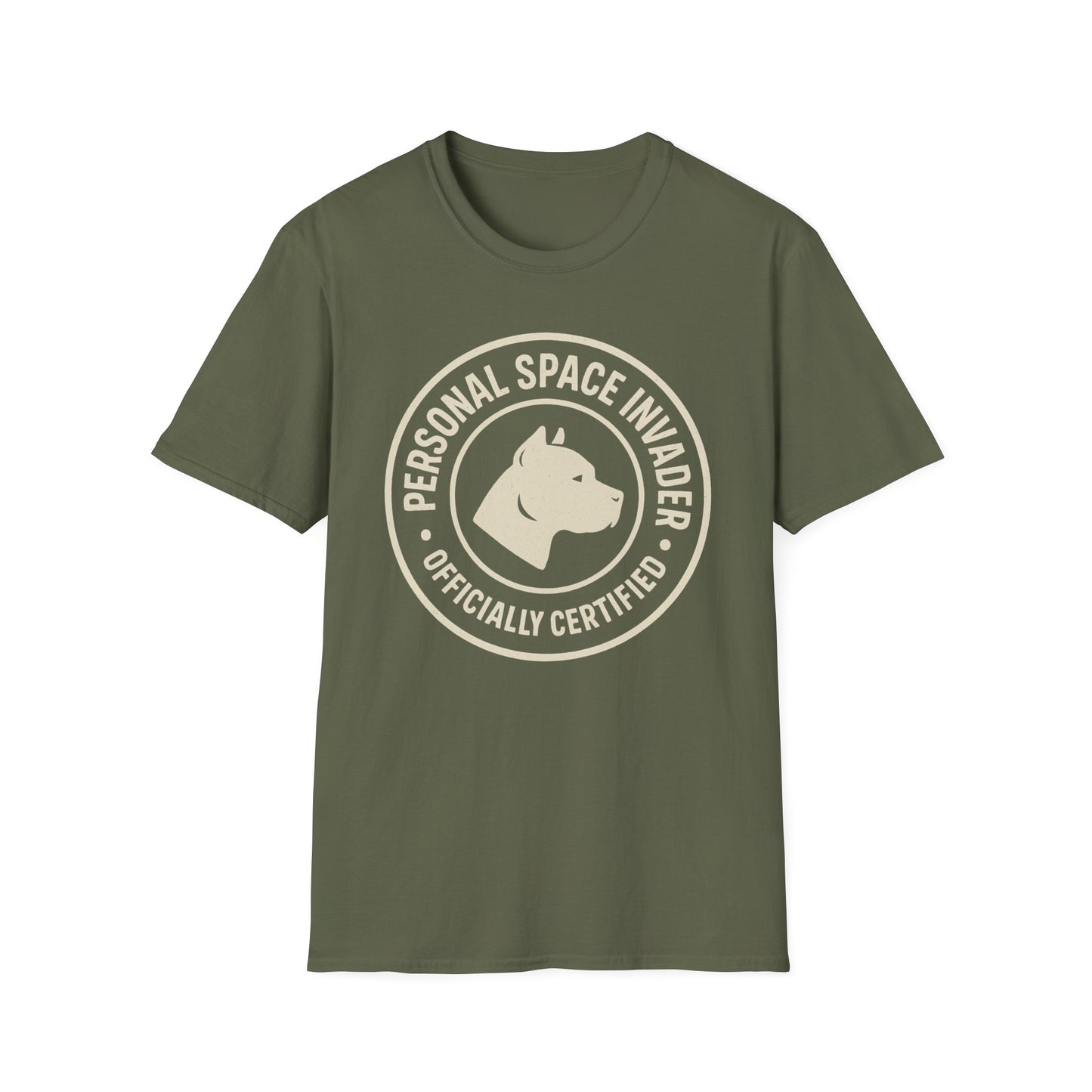 Personal Space Invader Officially Certified Pit Bull Unisex Adult T-Shirt – Rescue Dog Humor – 10% Donated – Free Shipping $75+