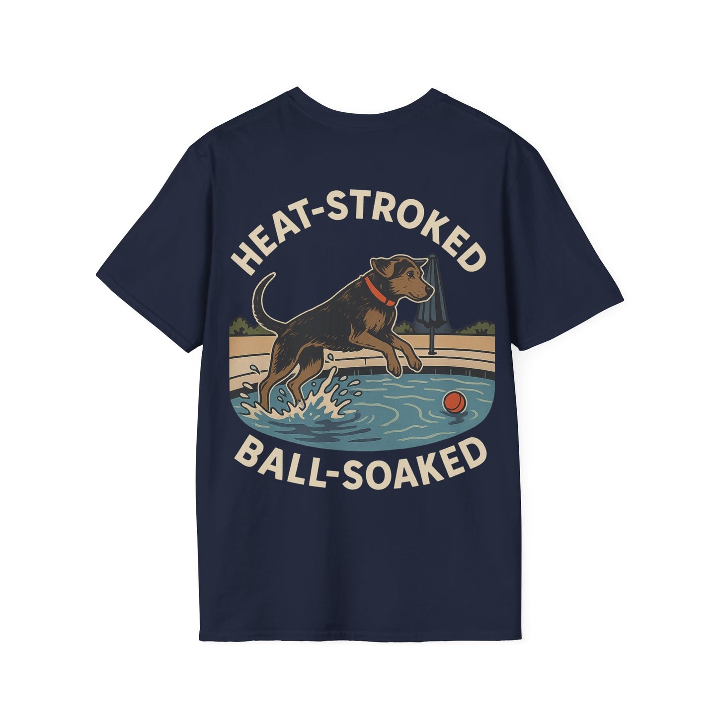 Heat-Stroked Ball-Soaked Dog T-Shirt – Funny Rescue Pool Dog Summer Shirt with Front & Back Print, Adult Unisex T-Shirt