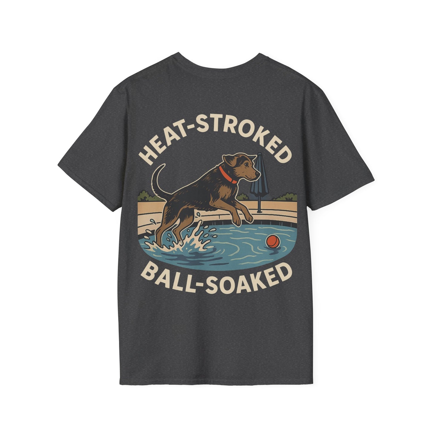 Heat-Stroked Ball-Soaked Dog T-Shirt – Funny Rescue Pool Dog Summer Shirt with Front & Back Print, Adult Unisex T-Shirt