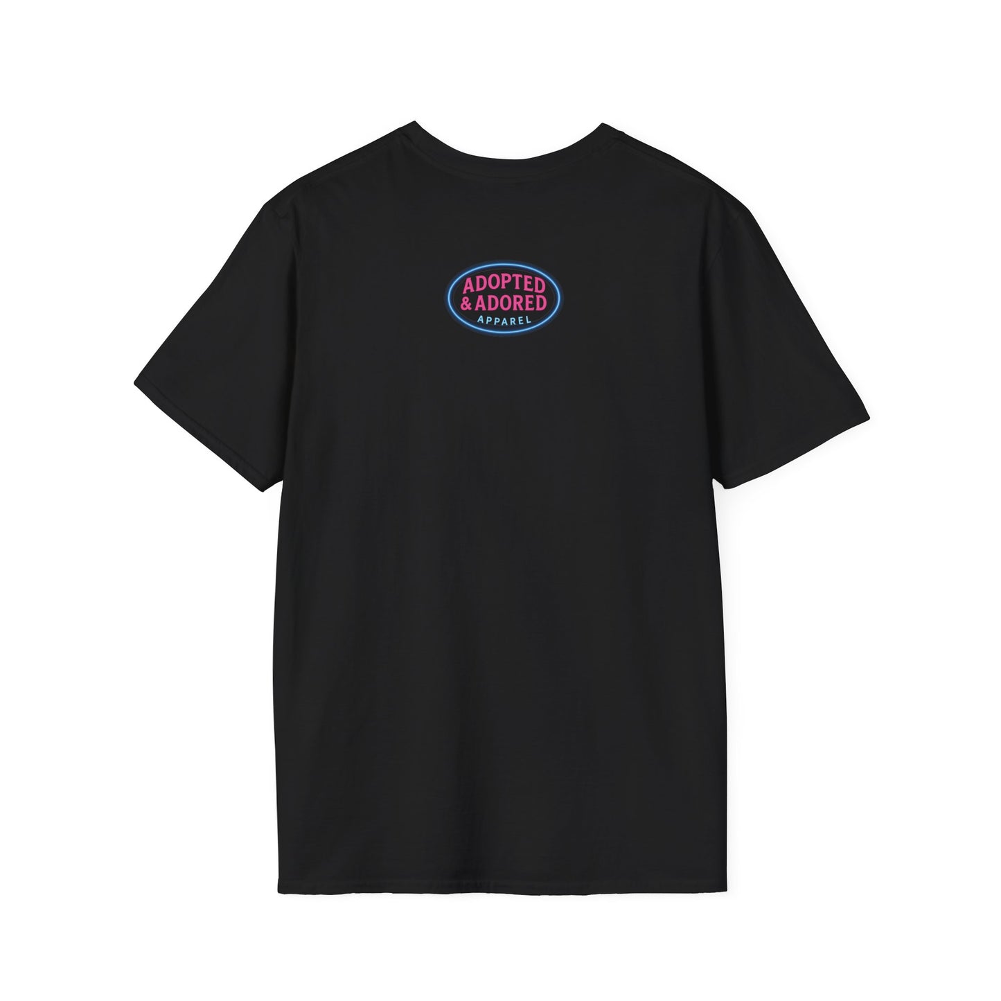 Neon Dog Graphic T-Shirt | Y2K Two-Sided Rescue Shirt with Front Dog Art + Back Logo | Adopted and Adored Apparel | Animal Adoption Awareness, Adult Unisex T-Shirt