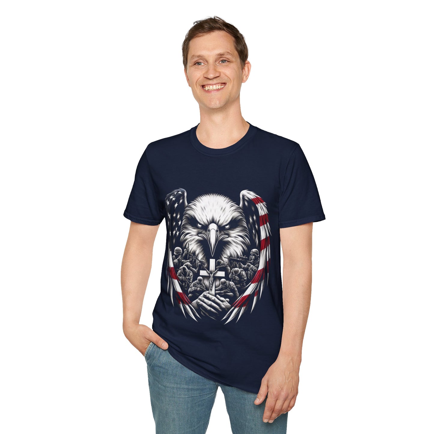 Faith and Freedom Eagle T-Shirt – 4th of July Patriotic Christian Tee – American Flag Wings, Battle Cross, Soldiers in Prayer – Adopted and Adored Apparel, Adult Unisex T-Shirt