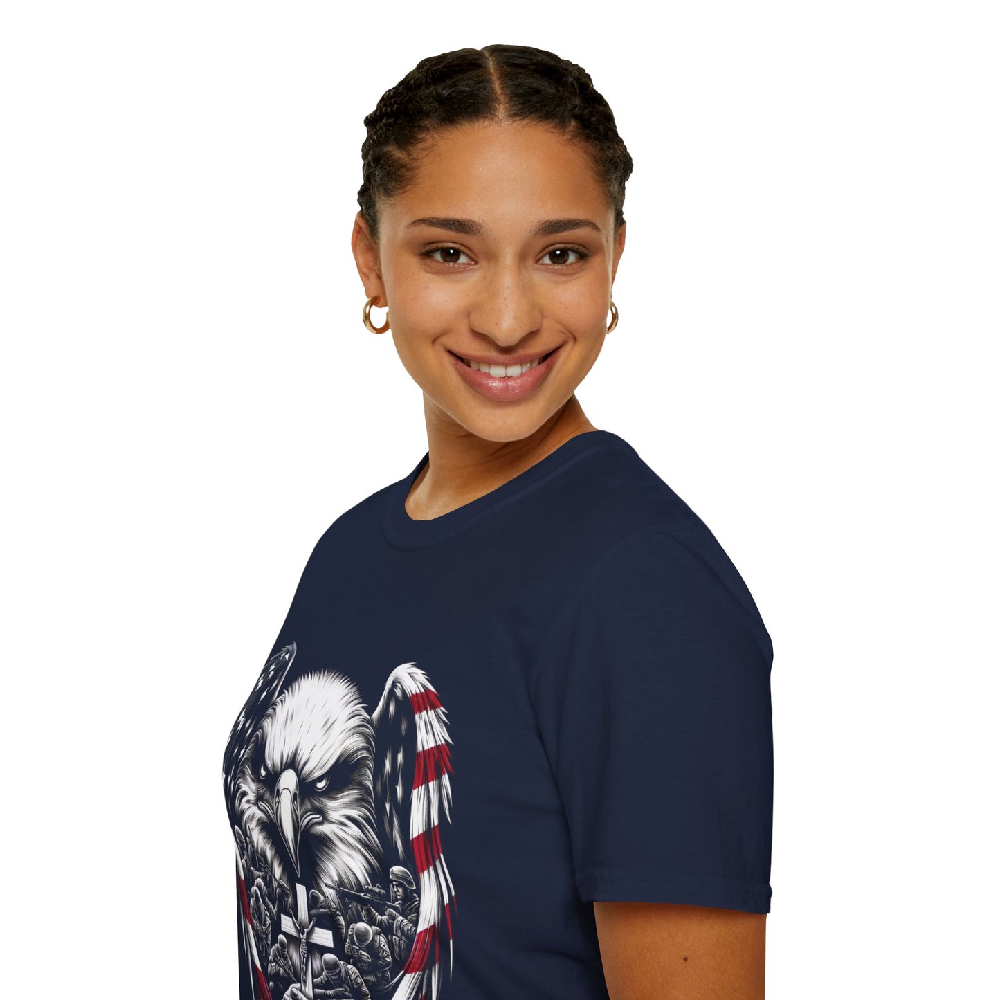 Faith and Freedom Eagle T-Shirt – 4th of July Patriotic Christian Tee – American Flag Wings, Battle Cross, Soldiers in Prayer – Adopted and Adored Apparel, Adult Unisex T-Shirt