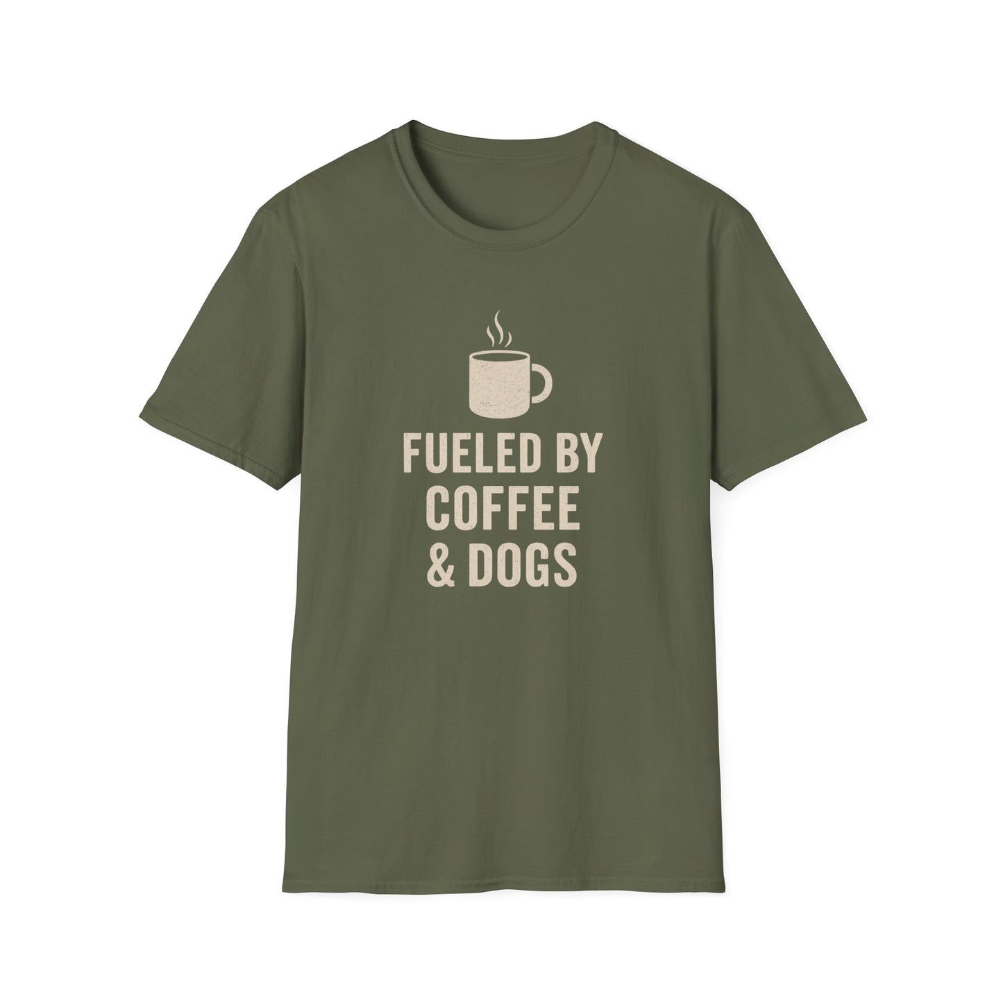Fueled by Coffee and Dogs T-Shirt – Distressed Cream Graphic Tee for Dog Lovers, Charcoal Heather Unisex Fit adult