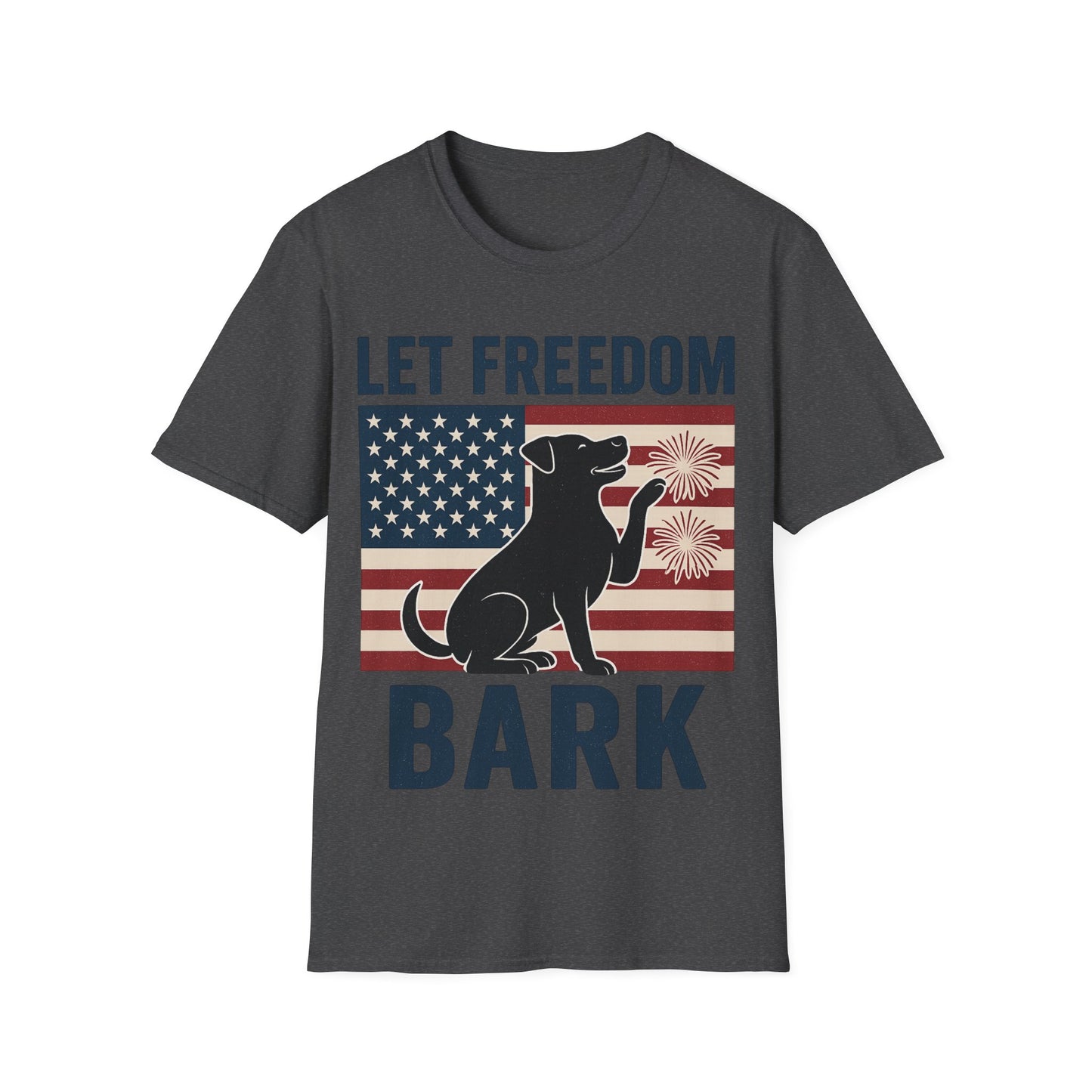 Let Freedom Bark Patriotic Dog T-Shirt | Fourth of July Rescue Tee | USA Flag Fireworks Dog Lover T-Shirt | Animal Adoption Apparel | Independence Day Dog Shirt | Gildan 64000 Unisex Soft Cotton T-Shirt for Pet Parents, Adult Unisex T-Shirt