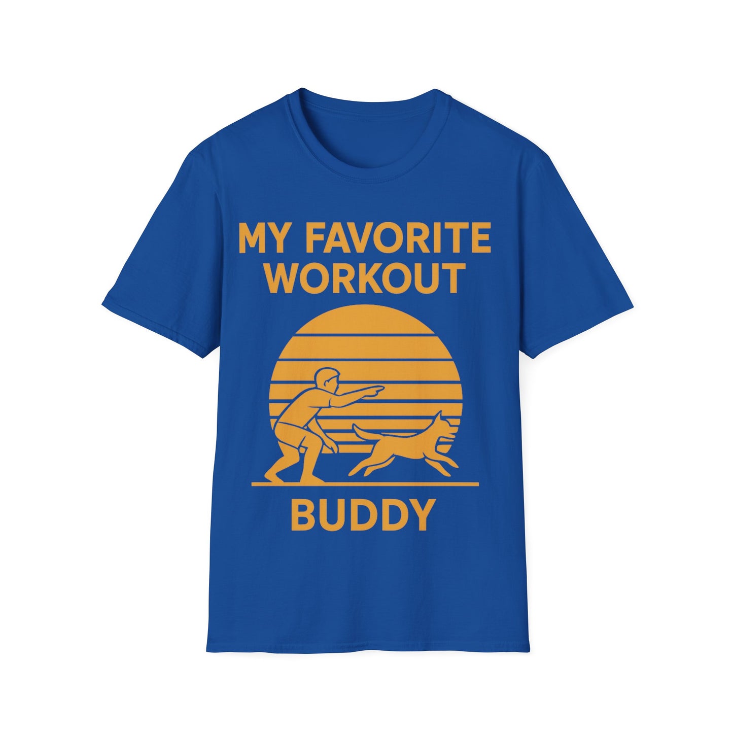 My Favorite Workout Buddy T-Shirt – Dog Lover Gift Tee – Sunset Gold Line Art Design – Playing Fetch Graphic – Motivational Dog Shirt – Gildan 64000 Unisex, Adult Unisex T-Shirt