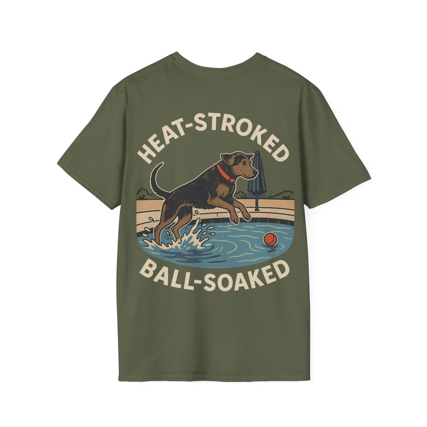 Heat-Stroked Ball-Soaked Dog T-Shirt – Funny Rescue Pool Dog Summer Shirt with Front & Back Print, Adult Unisex T-Shirt
