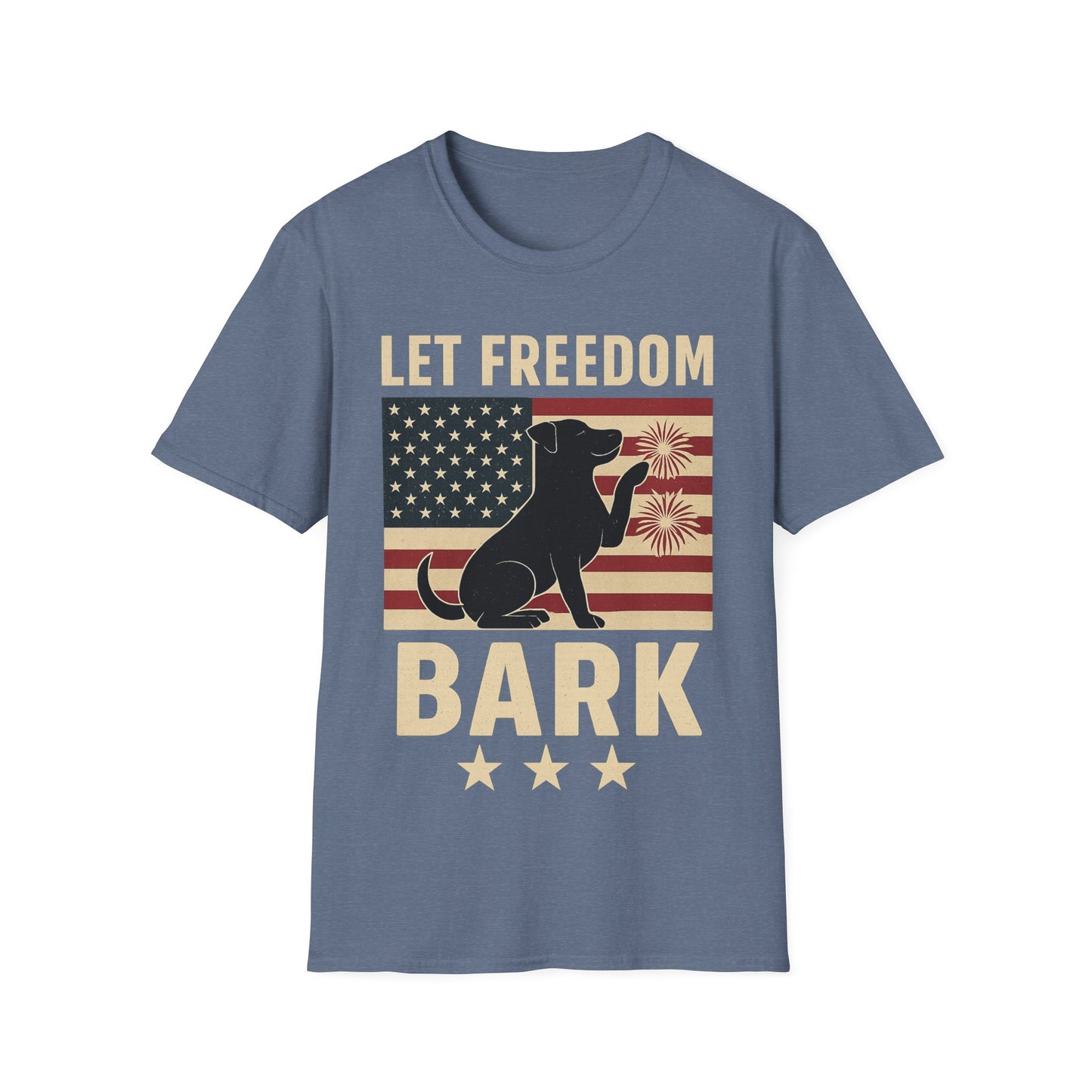 Let Freedom Bark Patriotic Dog T-Shirt | Fourth of July Rescue Tee | USA Flag Fireworks Dog Lover T-Shirt | Animal Adoption Apparel | Independence Day Dog Shirt | Gildan 64000 Unisex Soft Cotton T-Shirt for Pet Parents, Adult Unisex T-Shirt