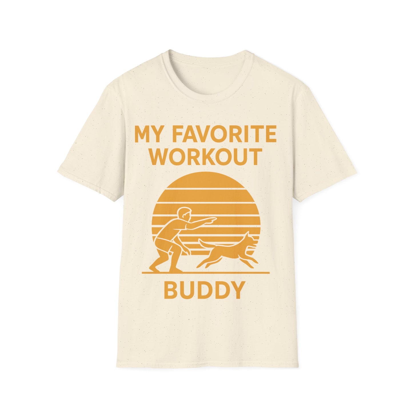 My Favorite Workout Buddy T-Shirt – Dog Lover Gift Tee – Sunset Gold Line Art Design – Playing Fetch Graphic – Motivational Dog Shirt – Gildan 64000 Unisex, Adult Unisex T-Shirt