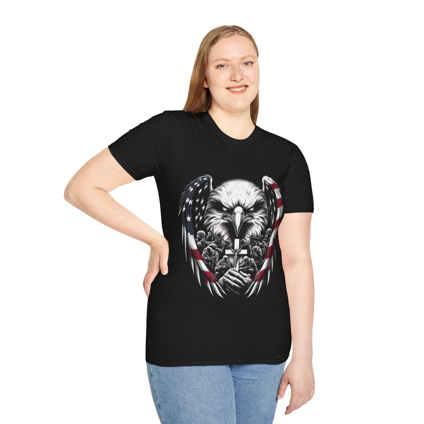 Faith and Freedom Eagle T-Shirt – 4th of July Patriotic Christian Tee – American Flag Wings, Battle Cross, Soldiers in Prayer – Adopted and Adored Apparel, Adult Unisex T-Shirt