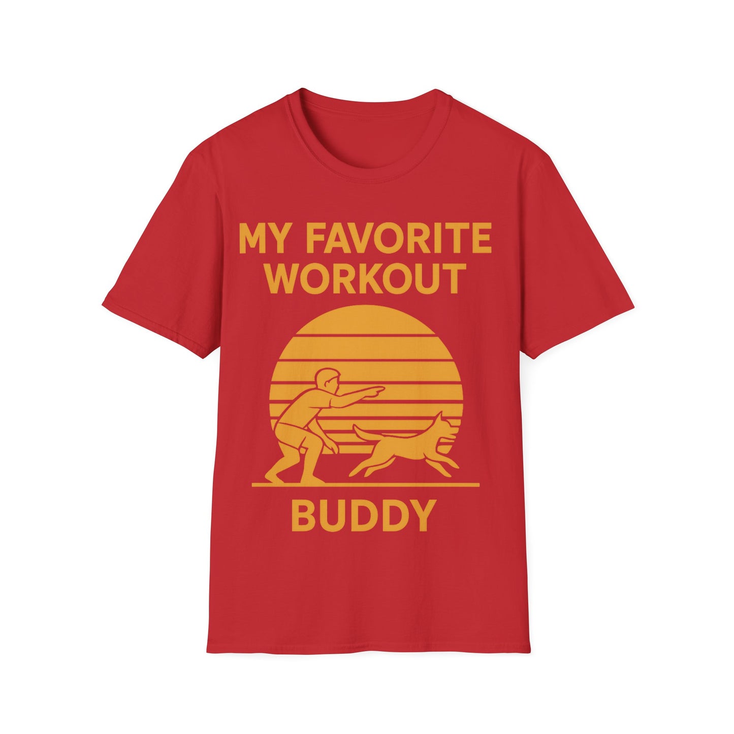 My Favorite Workout Buddy T-Shirt – Dog Lover Gift Tee – Sunset Gold Line Art Design – Playing Fetch Graphic – Motivational Dog Shirt – Gildan 64000 Unisex, Adult Unisex T-Shirt