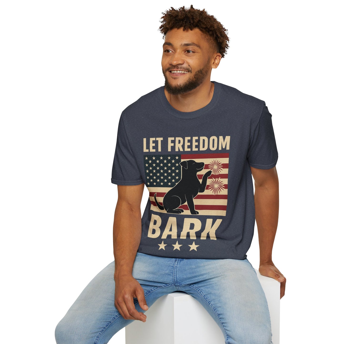 Let Freedom Bark Patriotic Dog T-Shirt | Fourth of July Rescue Tee | USA Flag Fireworks Dog Lover T-Shirt | Animal Adoption Apparel | Independence Day Dog Shirt | Gildan 64000 Unisex Soft Cotton T-Shirt for Pet Parents, Adult Unisex T-Shirt